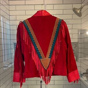 Red Suede Jacket with Fringe Details